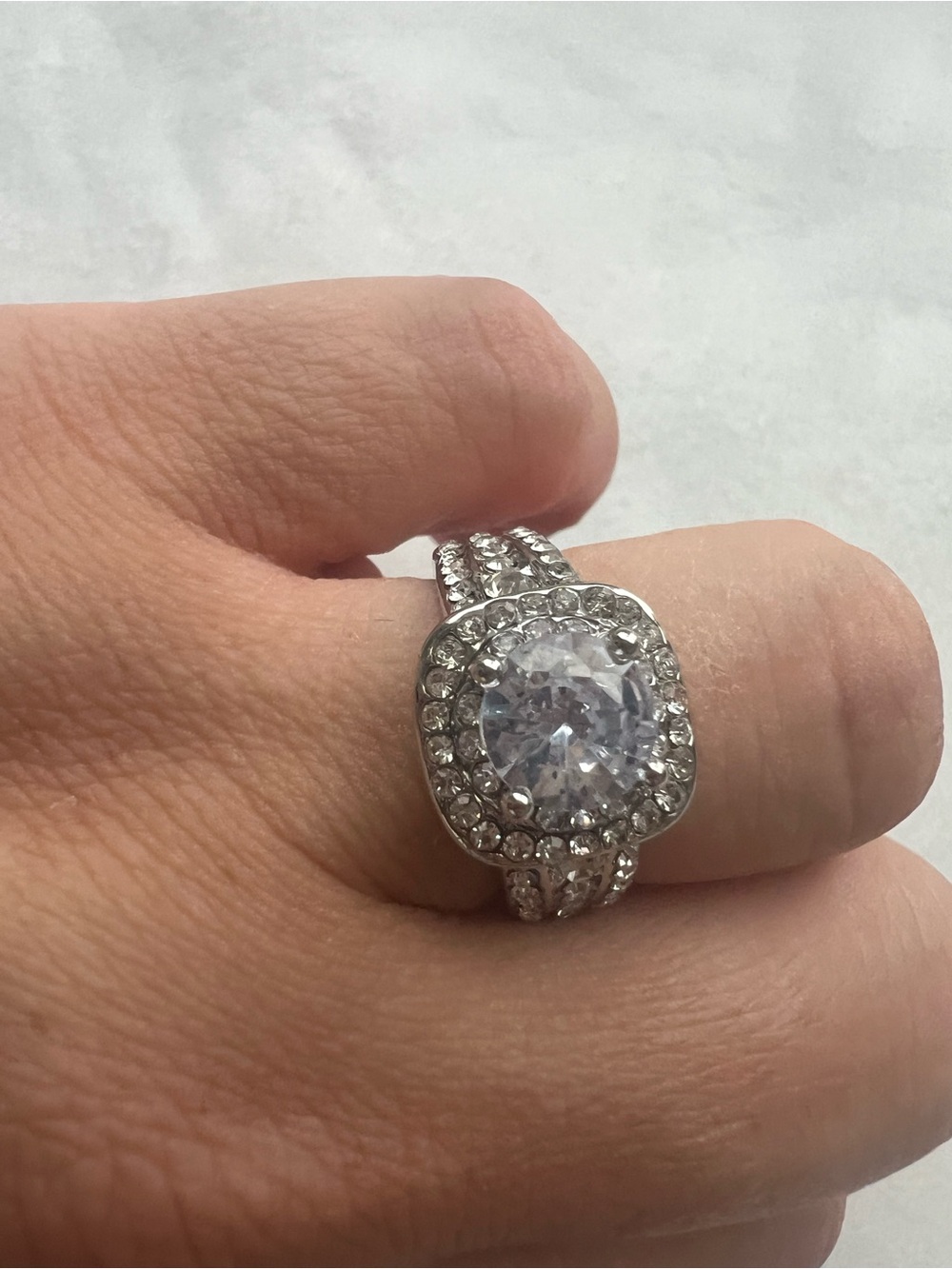 Silver-Tone Pavé Halo Cocktail Ring with Clear Center Stone nip